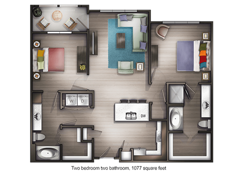 Floor plan for 2 beds, 2 baths, 1077 sqft